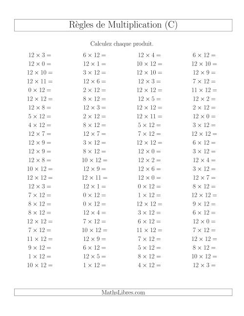 Règles de Multiplication -- Règles de 12 × 0-12 (C)