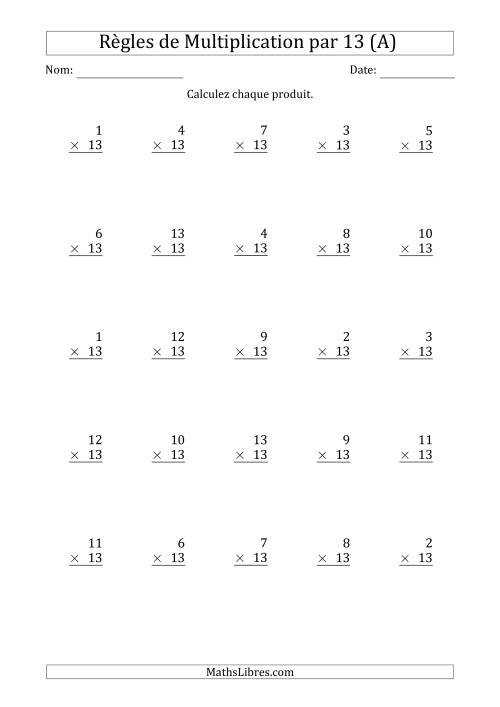 Règles de Multiplication par 13 (25 Questions) (A)