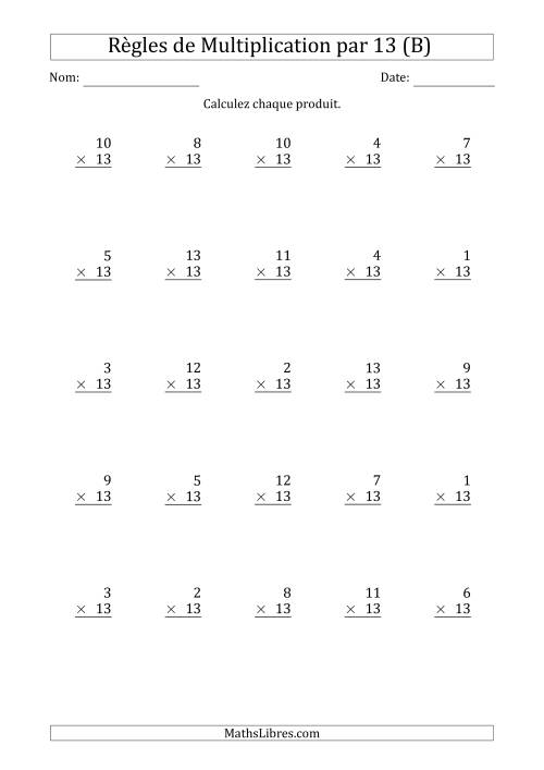 Règles de Multiplication par 13 (25 Questions) (B)