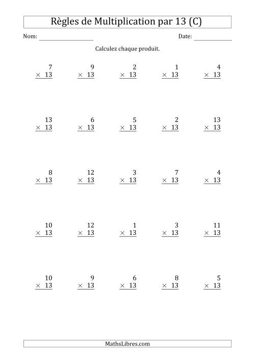 Règles de Multiplication par 13 (25 Questions) (C)