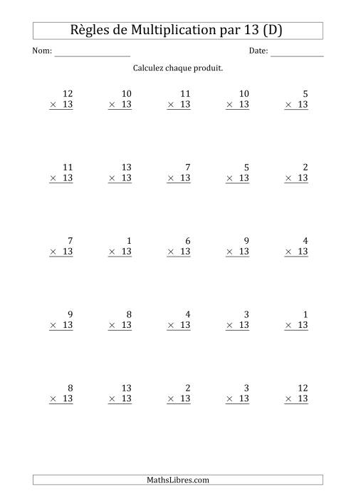 Règles de Multiplication par 13 (25 Questions) (D)