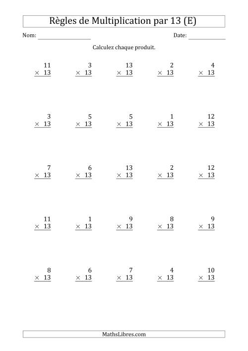 Règles de Multiplication par 13 (25 Questions) (E)
