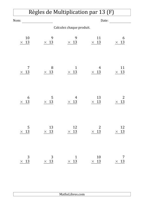 Règles de Multiplication par 13 (25 Questions) (F)