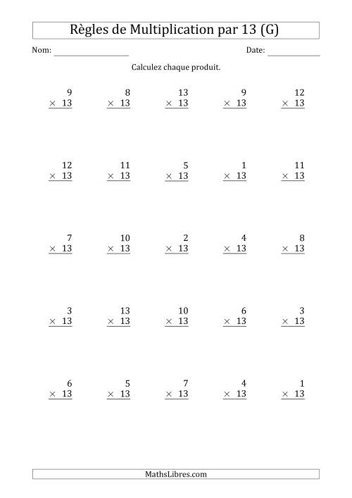 Règles de Multiplication par 13 (25 Questions) (G)