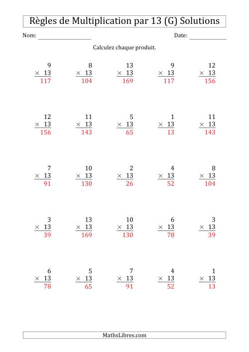 Règles de Multiplication par 13 (25 Questions) (G) page 2