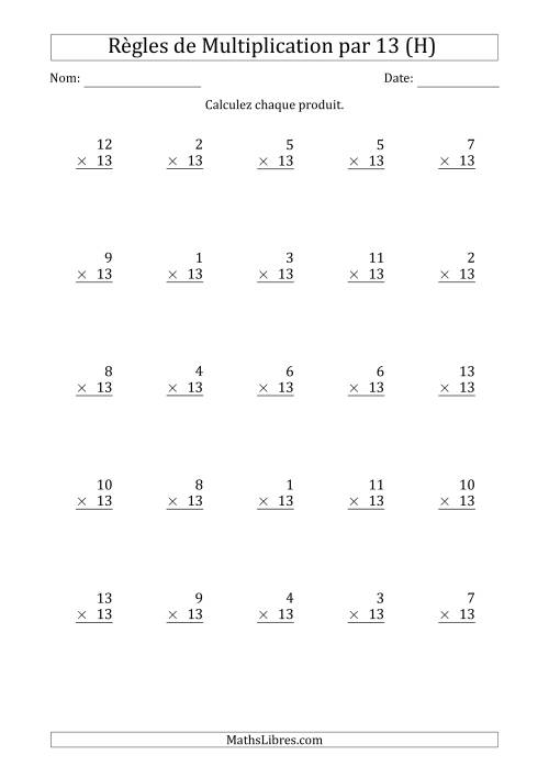 Règles de Multiplication par 13 (25 Questions) (H)