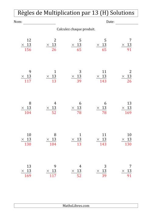 Règles de Multiplication par 13 (25 Questions) (H) page 2
