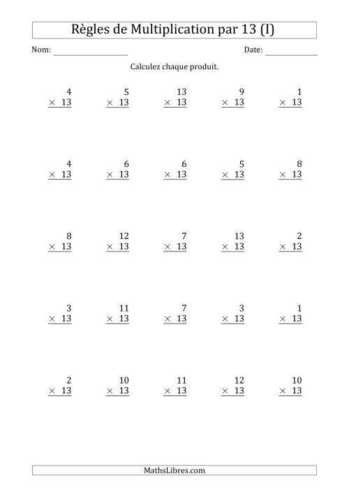 Règles de Multiplication par 13 (25 Questions) (I)