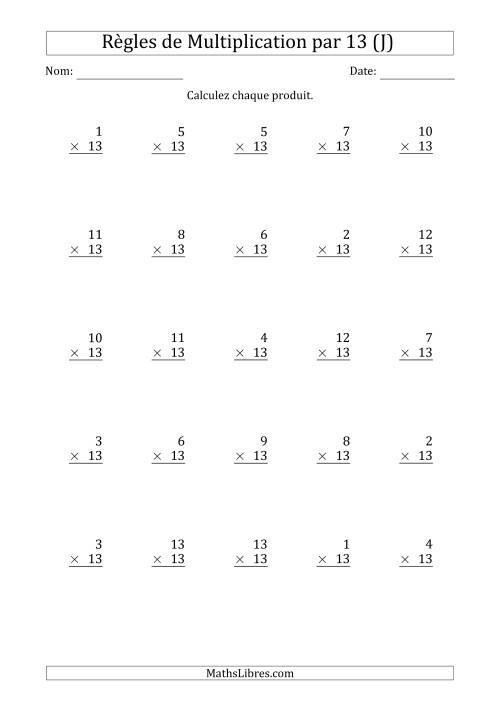 Règles de Multiplication par 13 (25 Questions) (J)