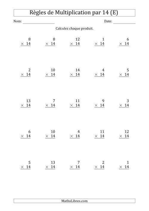Règles de Multiplication par 14 (25 Questions) (E)