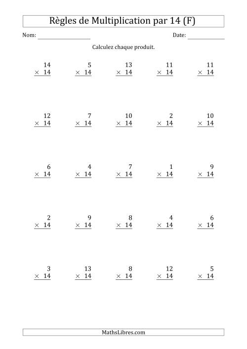 Règles de Multiplication par 14 (25 Questions) (F)