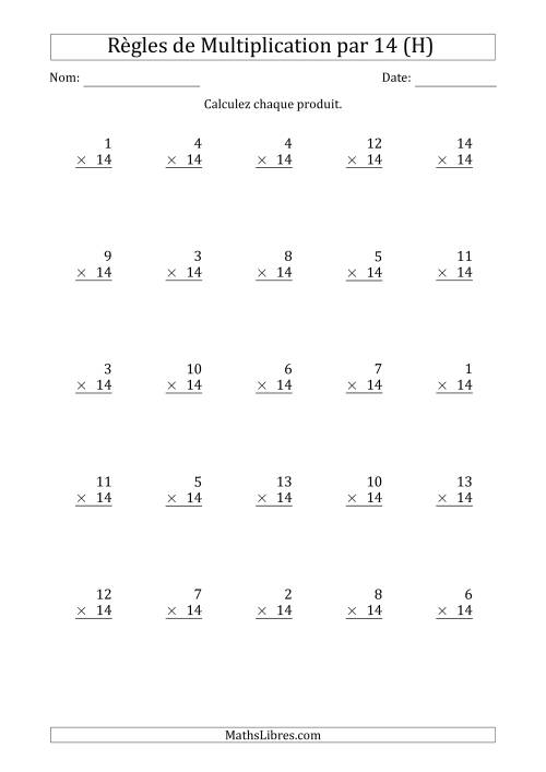 Règles de Multiplication par 14 (25 Questions) (H)