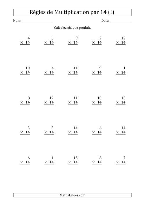 Règles de Multiplication par 14 (25 Questions) (I)