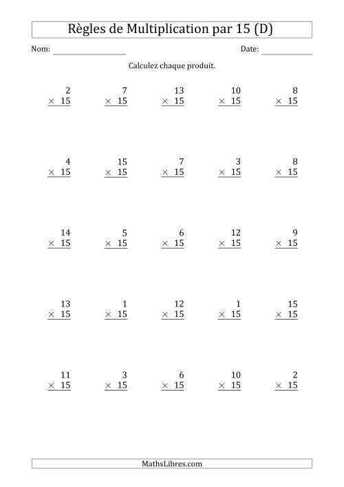 Règles de Multiplication par 15 (25 Questions) (D)
