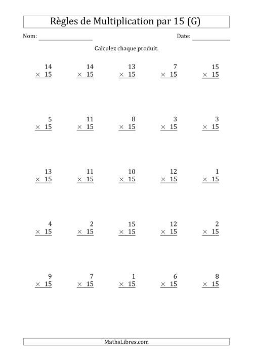 Règles de Multiplication par 15 (25 Questions) (G)