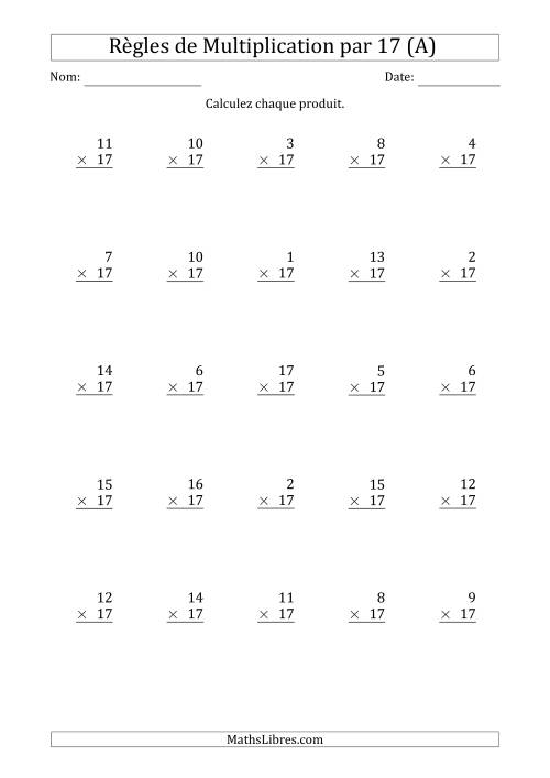 Règles de Multiplication par 17 (25 Questions) (A)