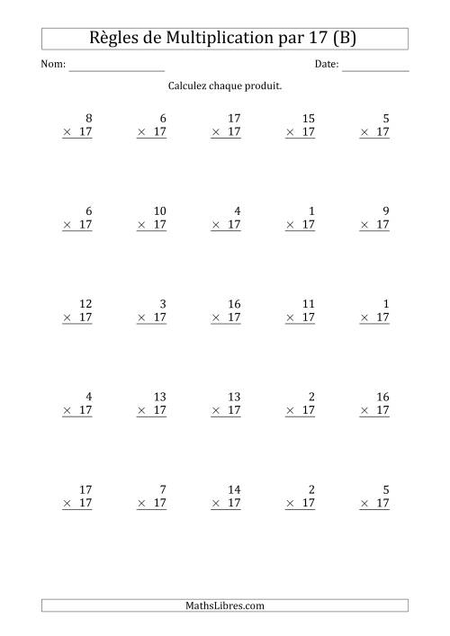 Règles de Multiplication par 17 (25 Questions) (B)