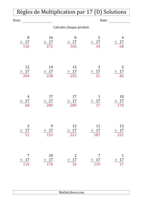 Règles de Multiplication par 17 (25 Questions) (D) page 2