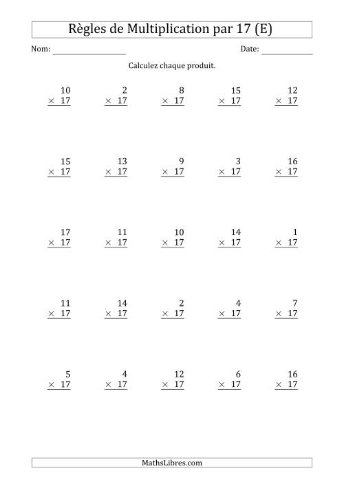 Règles de Multiplication par 17 (25 Questions) (E)