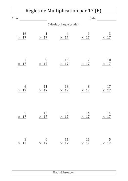 Règles de Multiplication par 17 (25 Questions) (F)