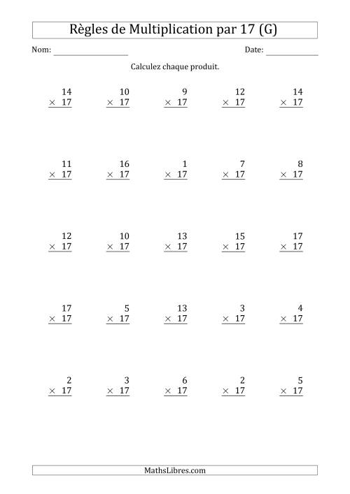 Règles de Multiplication par 17 (25 Questions) (G)
