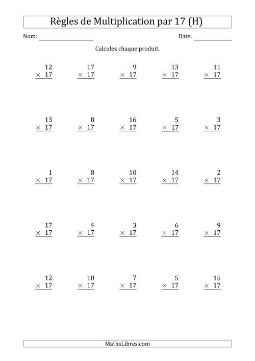Règles de Multiplication par 17 (25 Questions) (H)