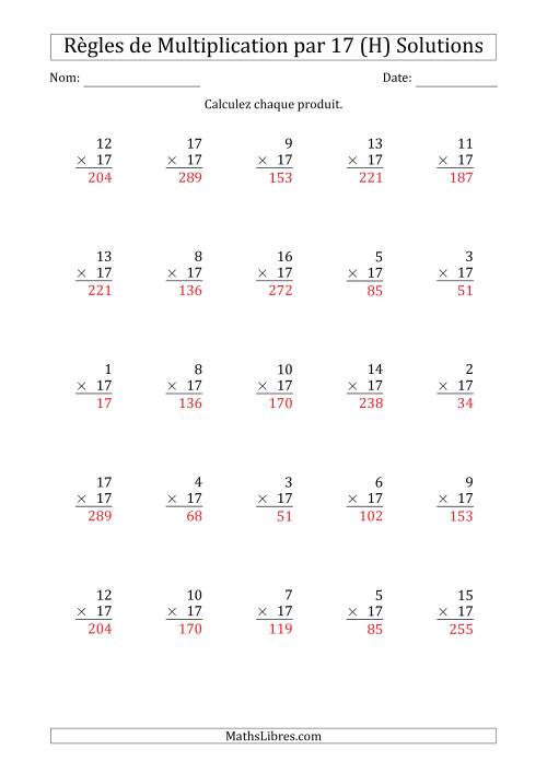 Règles de Multiplication par 17 (25 Questions) (H) page 2
