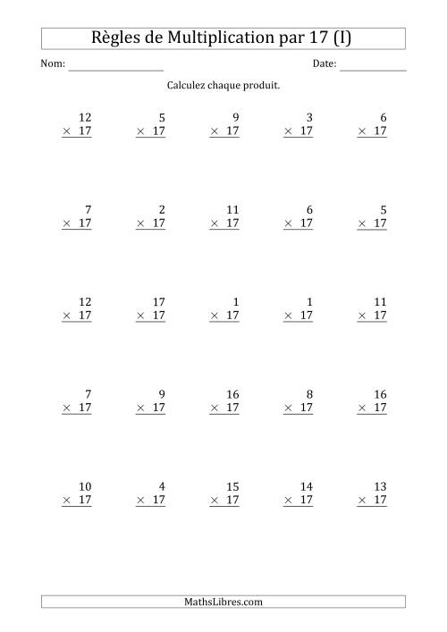 Règles de Multiplication par 17 (25 Questions) (I)
