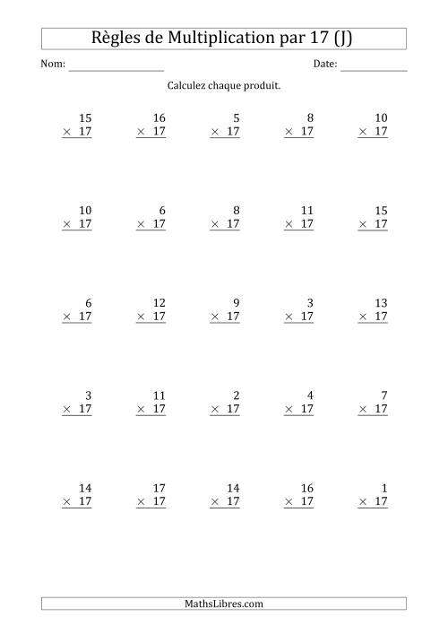 Règles de Multiplication par 17 (25 Questions) (J)