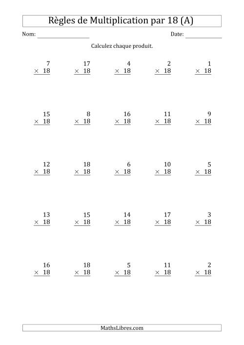 Règles de Multiplication par 18 (25 Questions) (A)