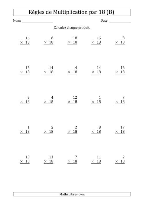 Règles de Multiplication par 18 (25 Questions) (B)
