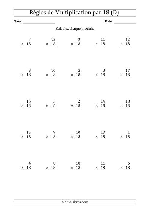 Règles de Multiplication par 18 (25 Questions) (D)