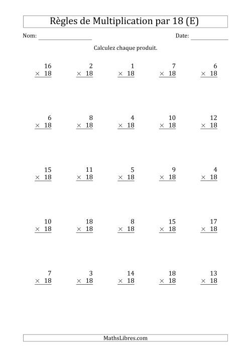 Règles de Multiplication par 18 (25 Questions) (E)