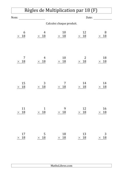 Règles de Multiplication par 18 (25 Questions) (F)