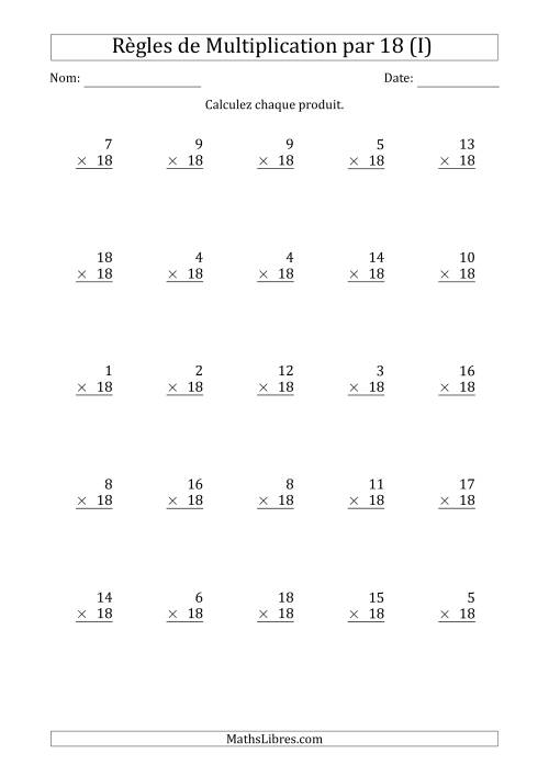 Règles de Multiplication par 18 (25 Questions) (I)
