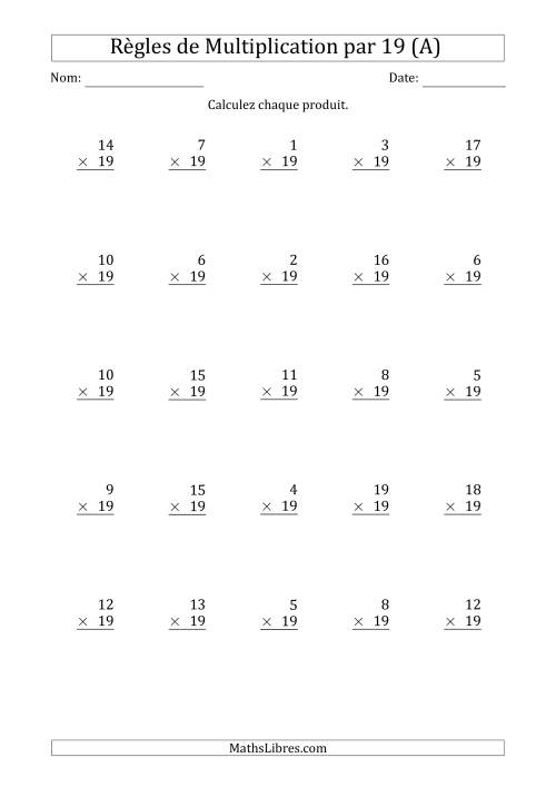 Règles de Multiplication par 19 (25 Questions) (A)