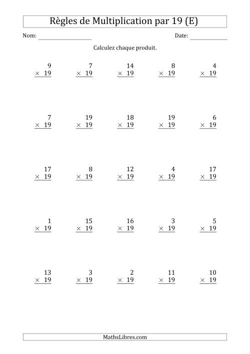 Règles de Multiplication par 19 (25 Questions) (E)
