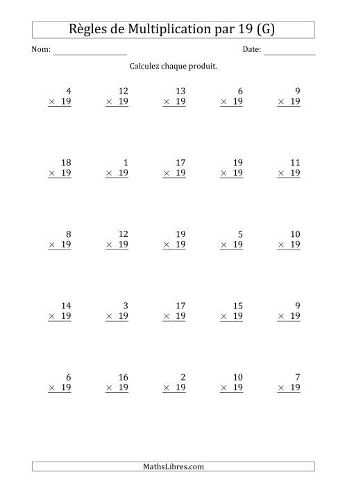 Règles de Multiplication par 19 (25 Questions) (G)