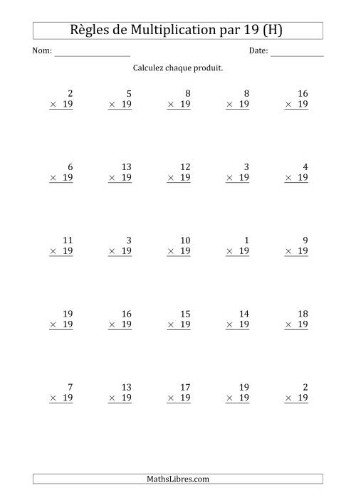 Règles de Multiplication par 19 (25 Questions) (H)