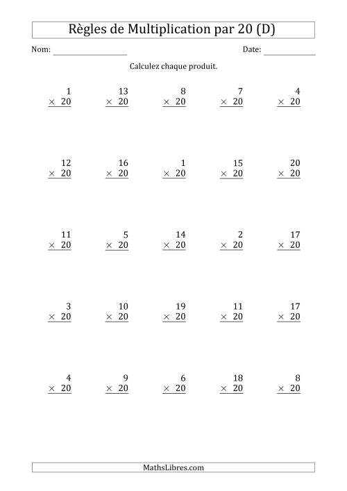 Règles de Multiplication par 20 (25 Questions) (D)