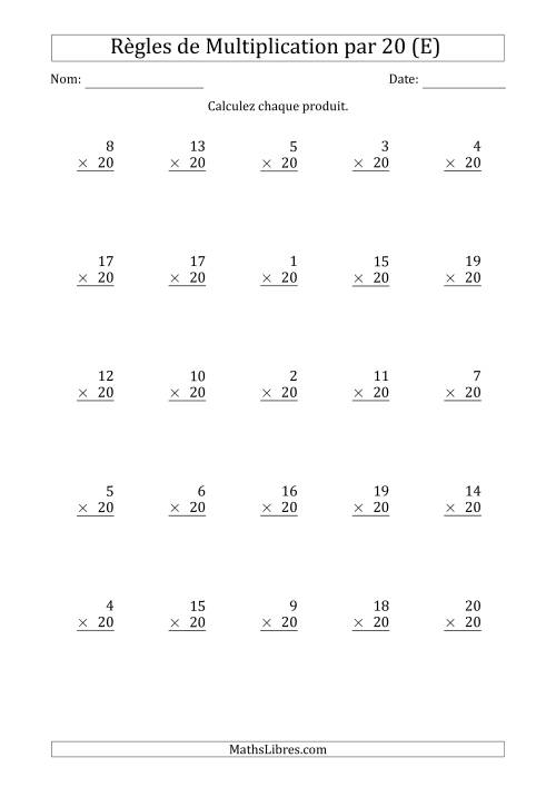 Règles de Multiplication par 20 (25 Questions) (E)