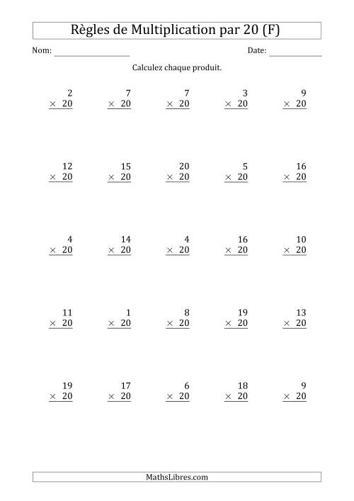 Règles de Multiplication par 20 (25 Questions) (F)