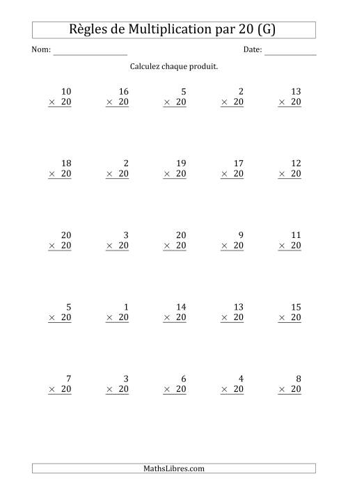 Règles de Multiplication par 20 (25 Questions) (G)