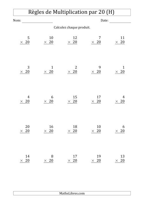 Règles de Multiplication par 20 (25 Questions) (H)
