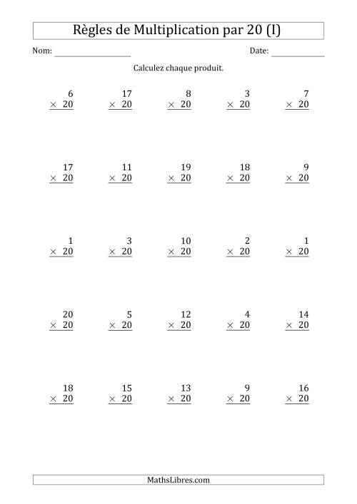 Règles de Multiplication par 20 (25 Questions) (I)