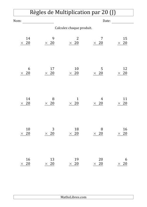 Règles de Multiplication par 20 (25 Questions) (J)