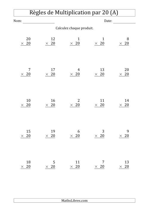Règles de Multiplication par 20 (25 Questions) (Tout)