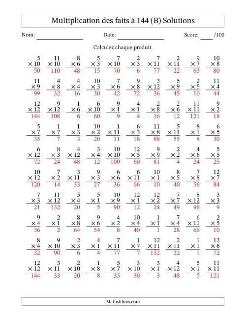 Multiplication des faits à 144 (100 Questions) (Pas de zéros) (B) page 2