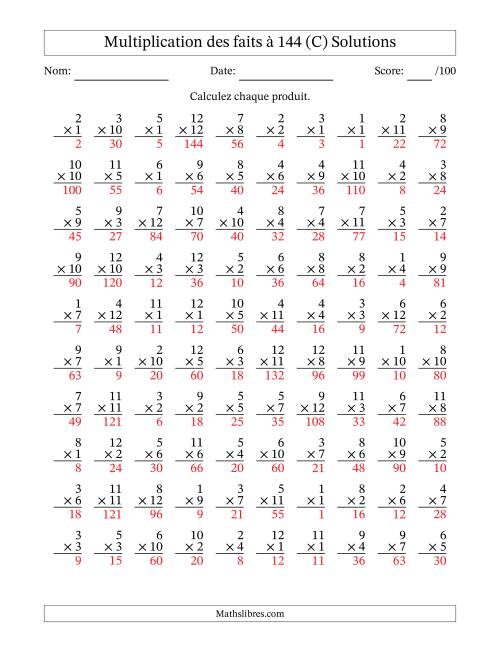 Multiplication des faits à 144 (100 Questions) (Pas de zéros) (C) page 2