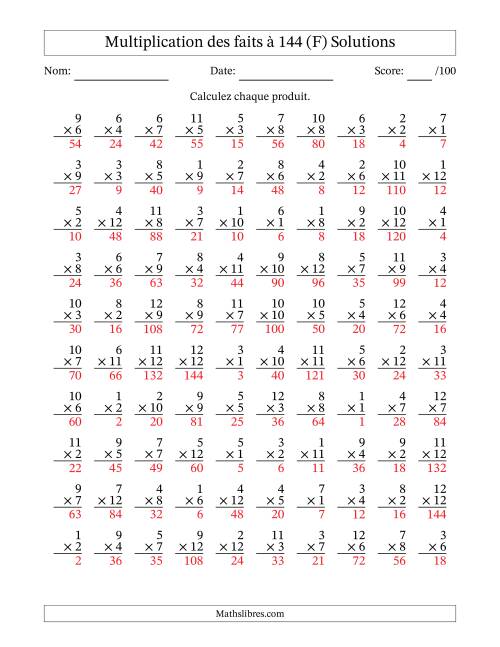 Multiplication des faits à 144 (100 Questions) (Pas de zéros) (F) page 2
